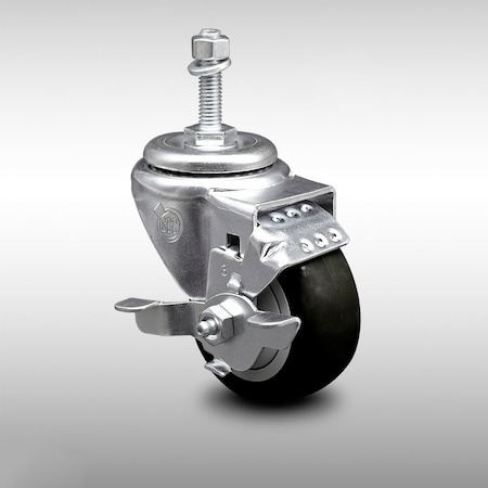 Service Caster 3 Inch SS Black Polyurethane Swivel 10mm Threaded Stem Caster with Brake SCC SCC-SSTS20S314-PPUB-BLK-TLB-M1015